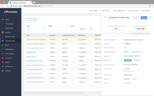 Razorpay Payment Pages detailed view dashboard