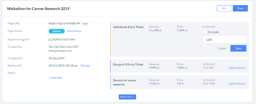 Intuitive reporting view of razorpay payment pages