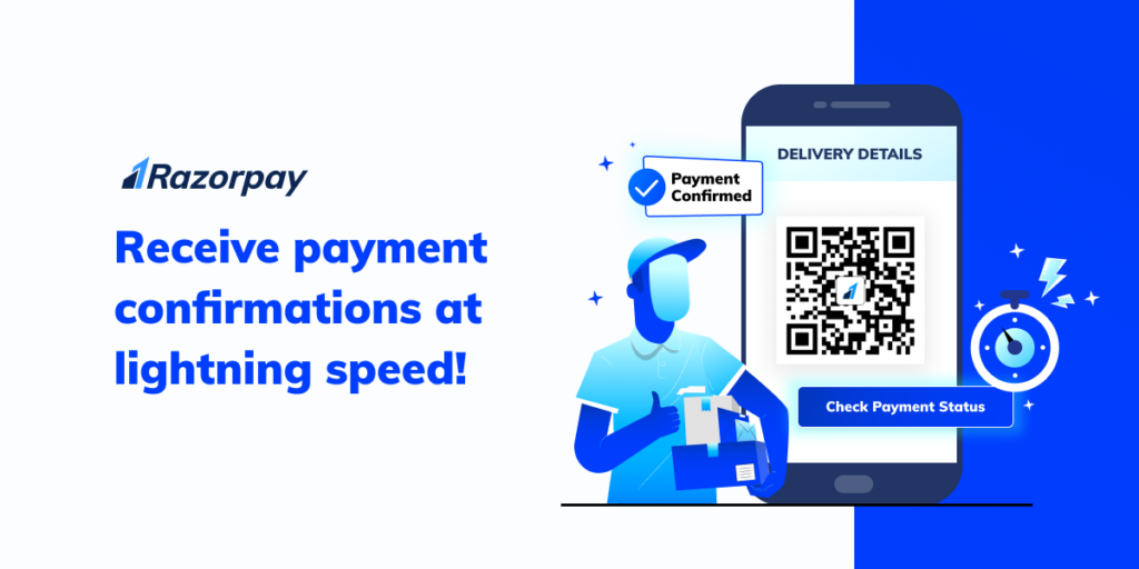 A delivery boy standing in front of a phone with a QR payment code which reads "payment confirmed".