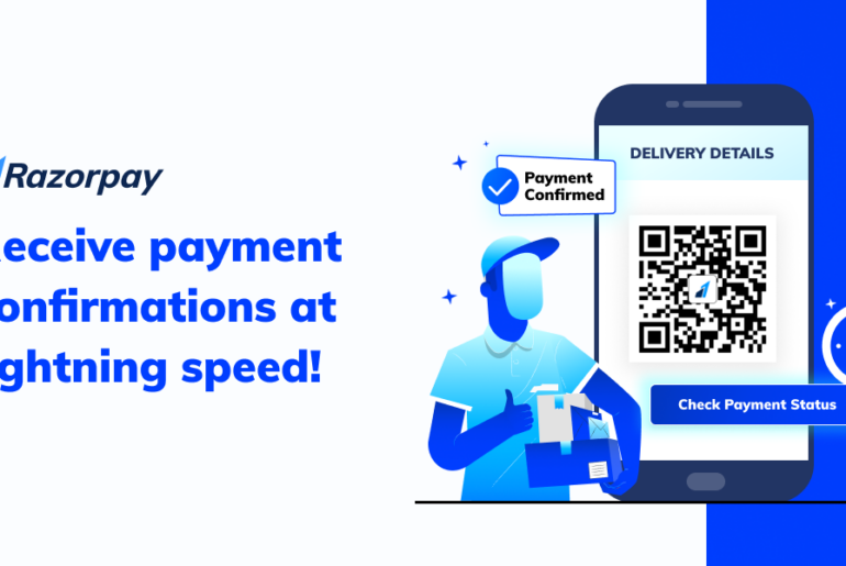 A delivery boy standing in front of a phone with a QR payment code which reads "payment confirmed".