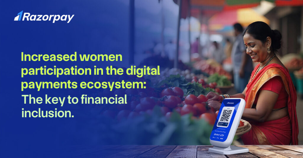 A woman smiling at the marketplace at her store, with a Razorpay device in the foreground.