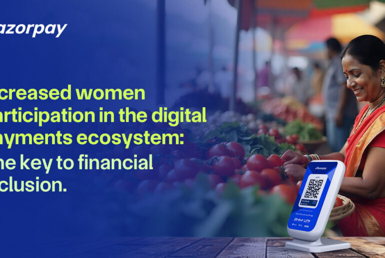 A woman smiling at the marketplace at her store, with a Razorpay device in the foreground.