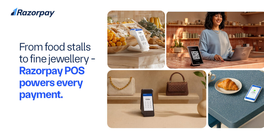 Razorpay POS devices displayed across diverse business environments, including retail counters, restaurants, supermarkets, and electronics stores, illustrating seamless payment solutions for various industries.