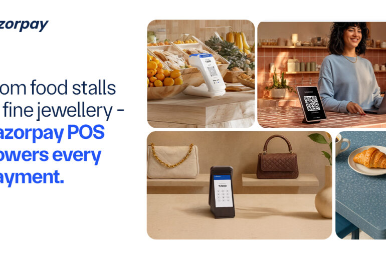 Razorpay POS devices displayed across diverse business environments, including retail counters, restaurants, supermarkets, and electronics stores, illustrating seamless payment solutions for various industries.