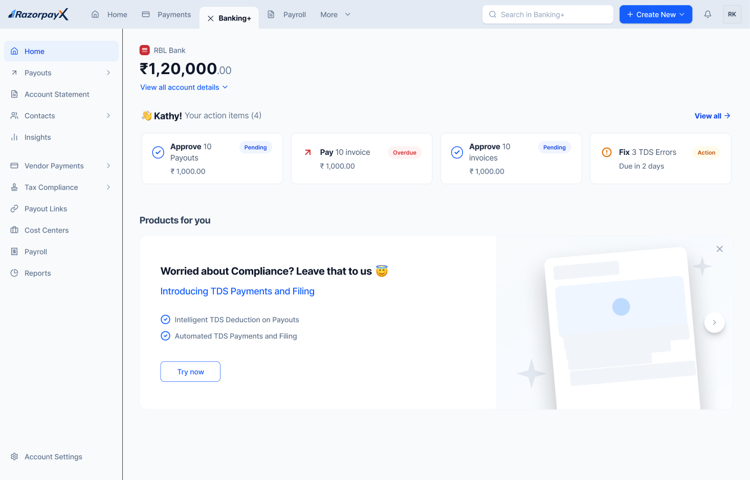 Business Banking+ Dashboard with Automated TDS Payments