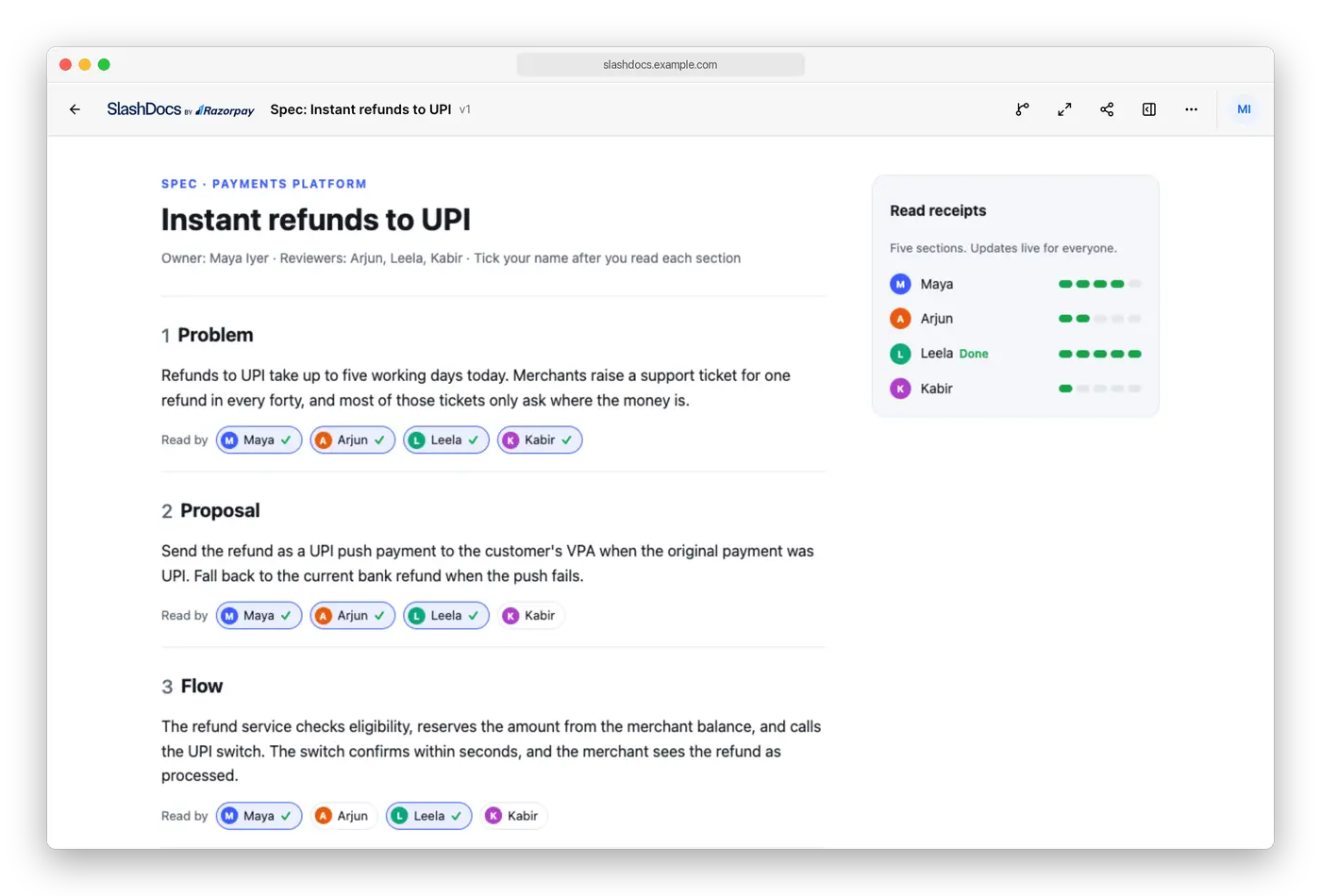 A spec with read receipts. A reviewer ticks the last section and gets confetti.