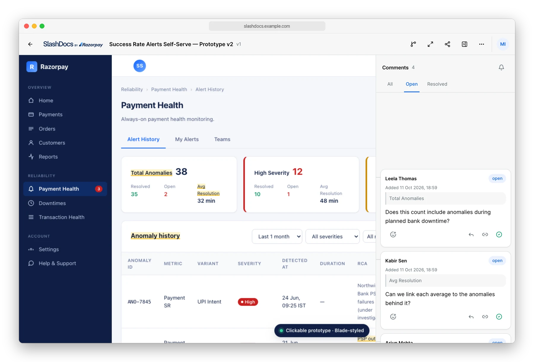The alert configuration prototype with review comments